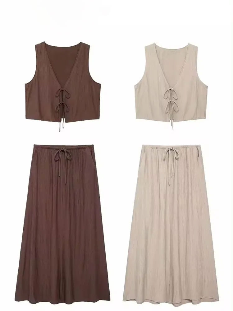 HH 女性ヴィンテージソリッドスカートセット弓レースアップショートベストトップルーズ巾着ミディスカート夏の女性のストリート衣装