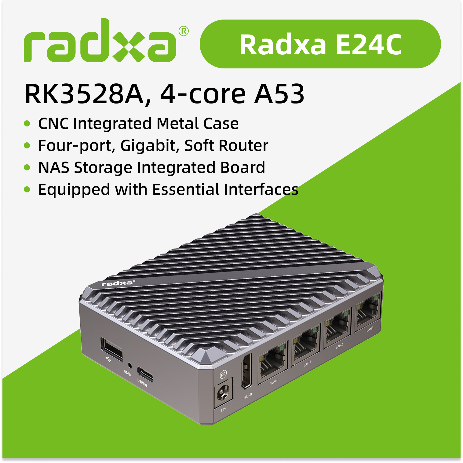 Radxa E24C シングルボード コンピュータ - Rockchip RK3528A クアッドコア A53 4x GbE USB-C 電源 LPDDR4/SD サポート