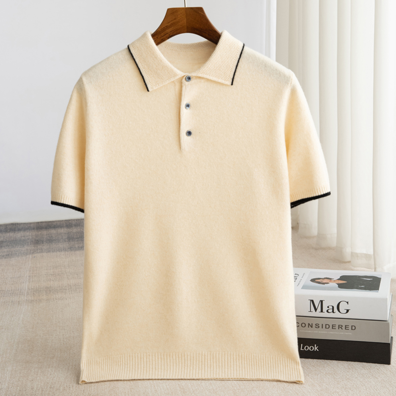 100% メリノウールメンズラペル半袖セーター Tシャツ新しいニットカジュアルビジネスメンズプルオーバーセーターウール Tシャツ夏