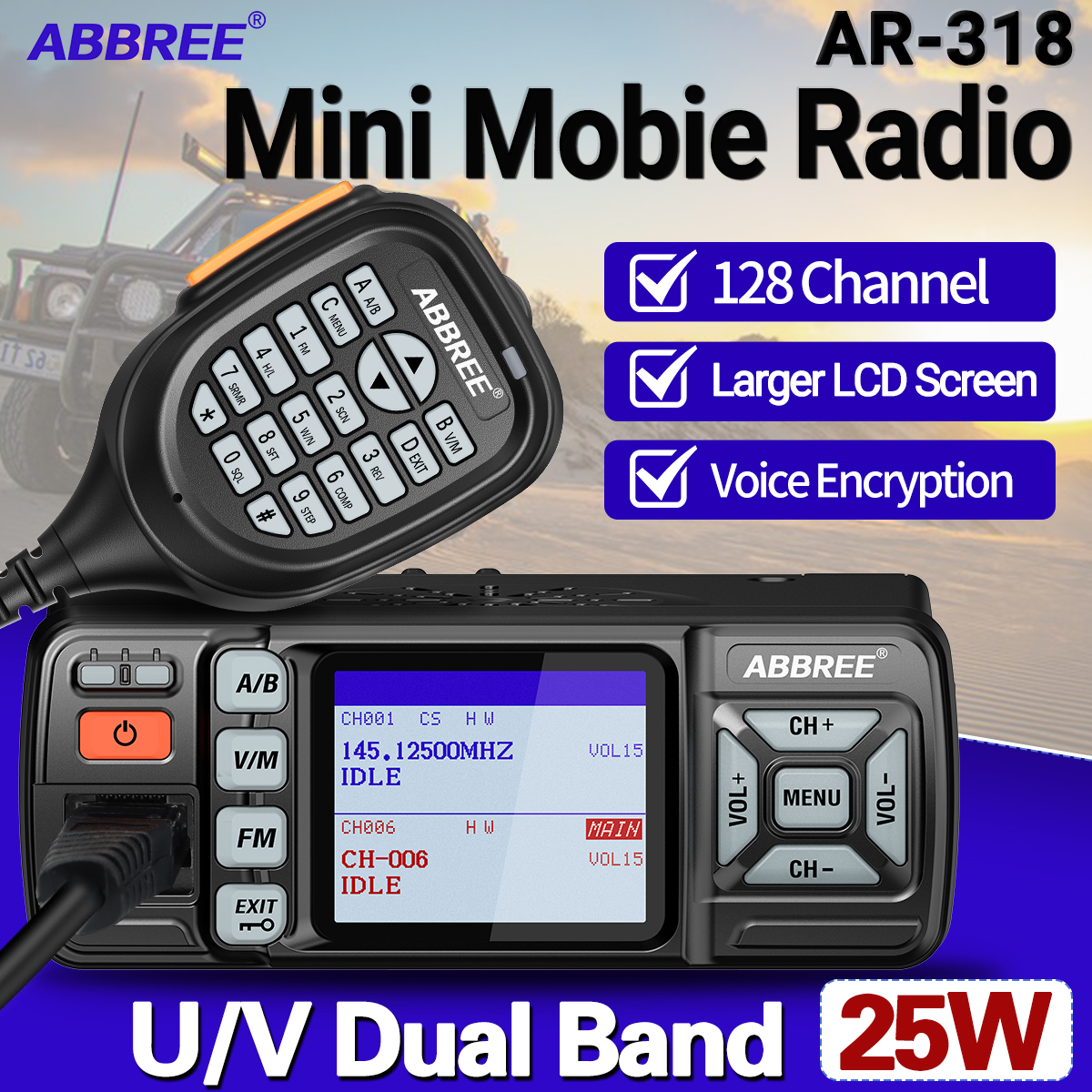 ABBREE AR-318 ミニモバイルラジオ 25 ワットデュアルバンド UHF VHF 長距離デュアルモード時計音声暗号化カートランシーバートランシーバー