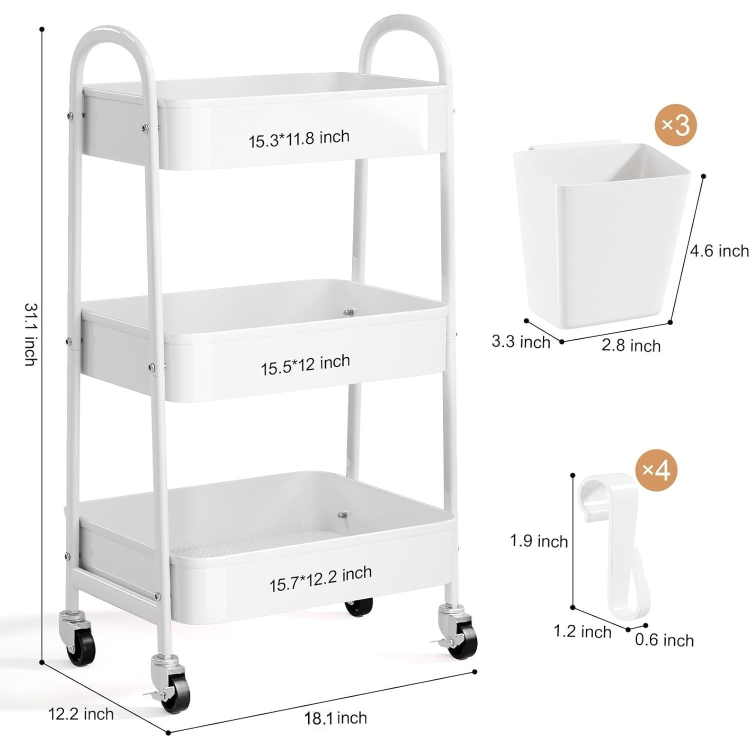 Three-layer metal caster stroller (with locking wheels)-multifunctional rolling rack,suitable for kitchens, bathrooms, garages,