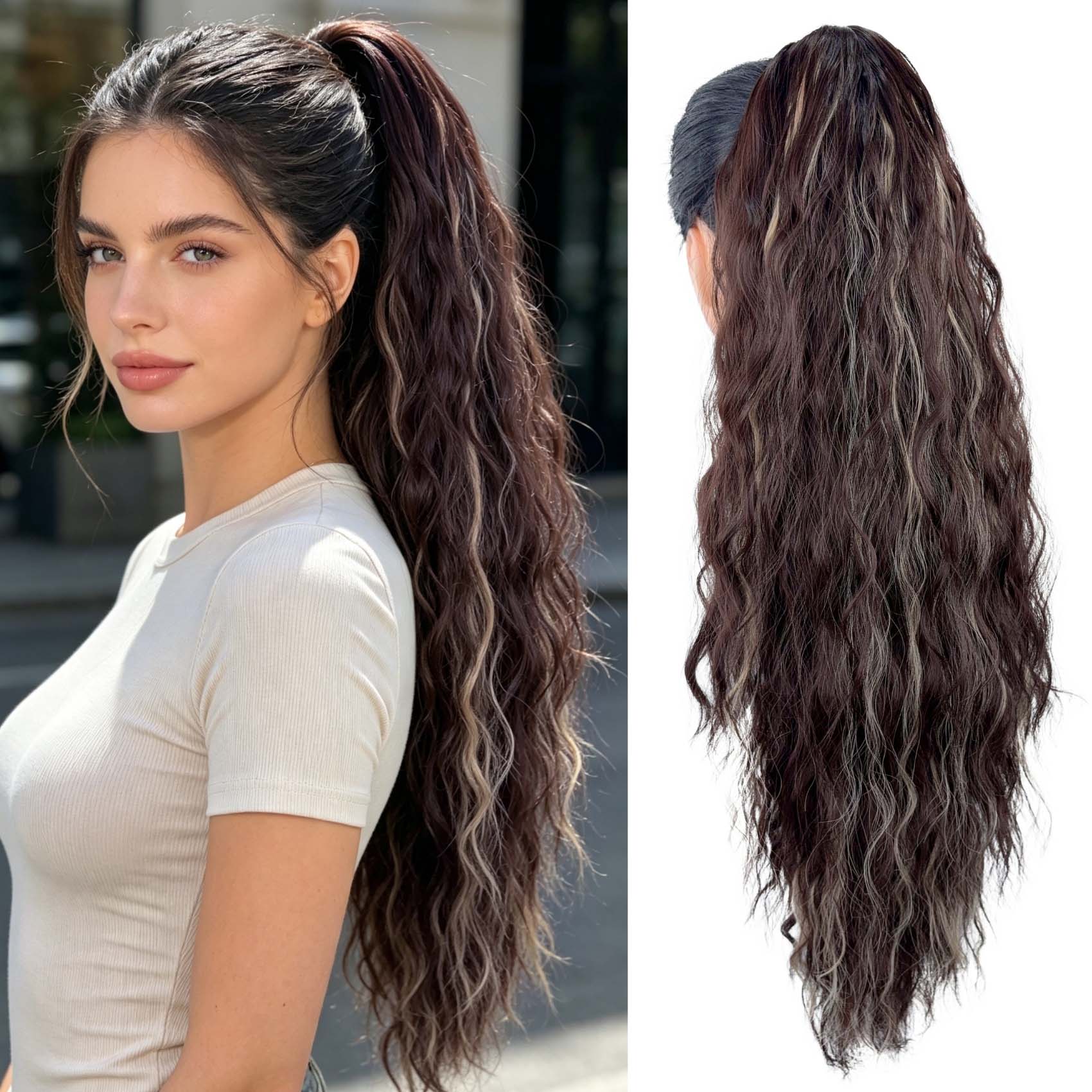 女性クリップインポニーテールヘアピース、爪クリップ合成ポニーテールウィッグ、長い多層ボリューム波状ポニーテールウィッグ