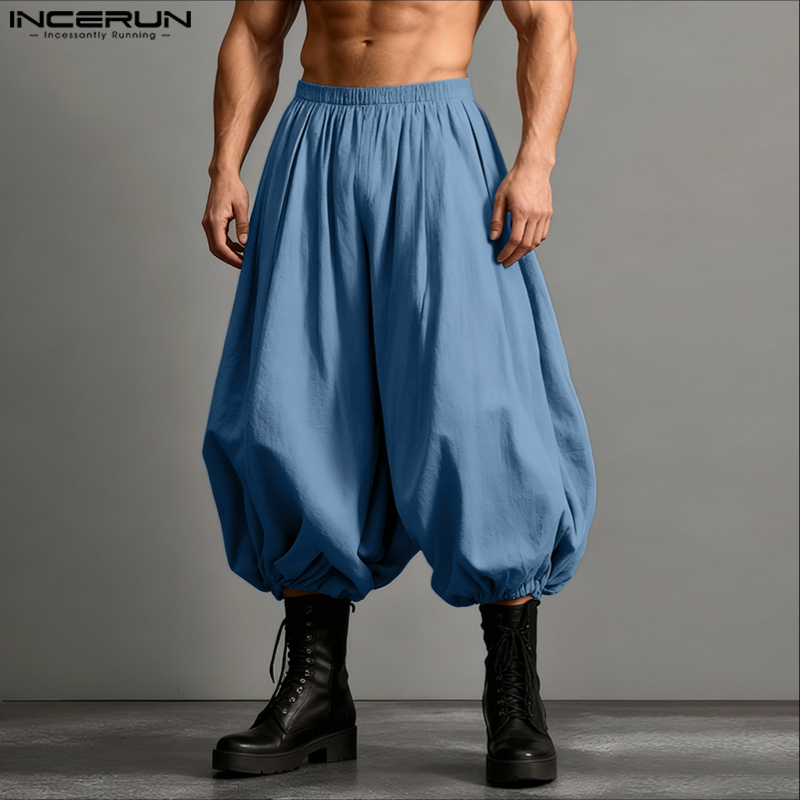 INCERUN 男性パンツ無地ジョガーだぶだぶ弾性ウエストカジュアルランタンパンツ男性ストリート 2026 ファッションふくらはぎ丈ズボン