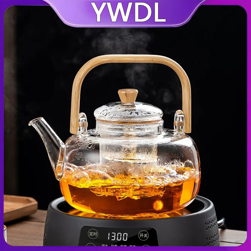 YWDL 1L ガラスティーポット、取り外し可能な注入器竹ハンドル付きクリアティーケトル、ルーズリーフフラワーティー用、耐熱ティーポット