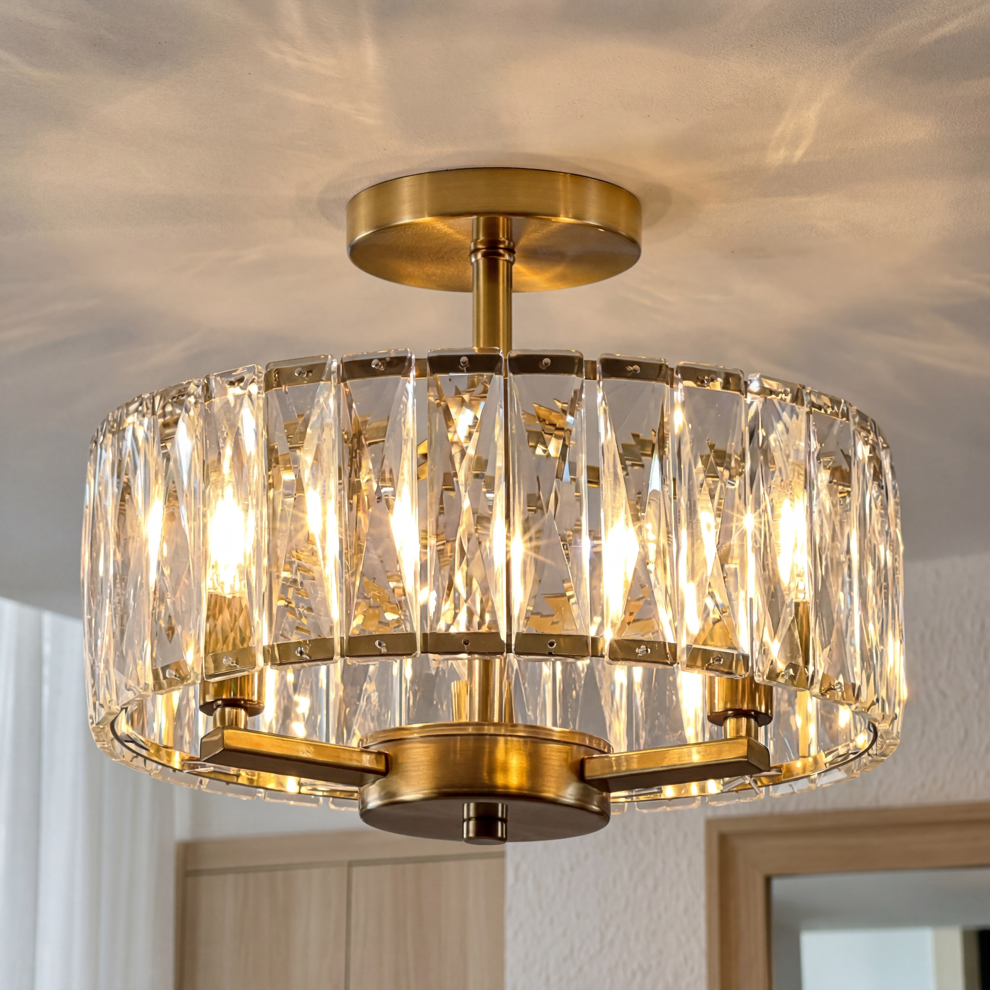 Modern Gold Ceiling Light, Round K9 Crystal Semi Flush Mount Fixture for Hallway Living Room Kitchen Island Dining Room Foyer