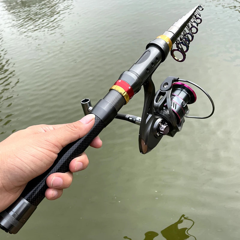 カーボンファイバー釣竿とリールコンボ 1.8-3.6 メートル伸縮式スーパーハードスピニングリールキット最大抵抗 3-8 キロペスカ用