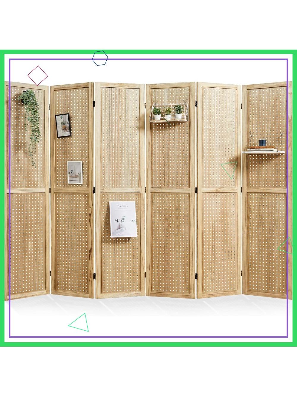 6 Panel Freestanding Pegboard Display, 5.6Ft Wooden Room Divider Folding Privacy Screen for Art Craft, Natural