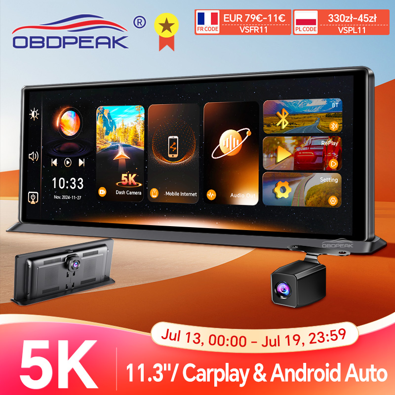 K8 Pro 11.3インチ タッチスクリーン 車カメラ 5K ダッシュカム GPS 5G WiFi ワイヤレス CarPlay