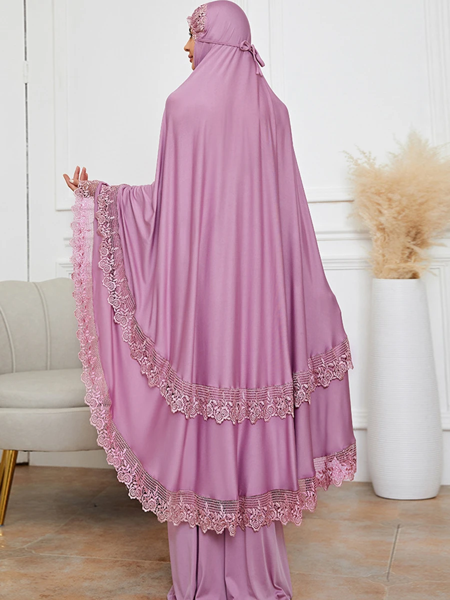 ラマダンロングキマールイスラム教徒アバヤ女性の祈りの衣服サウジアラビアの祈りのドレスレーストリムシルキー 2 ピーススカートセットイード Niqab jilbab