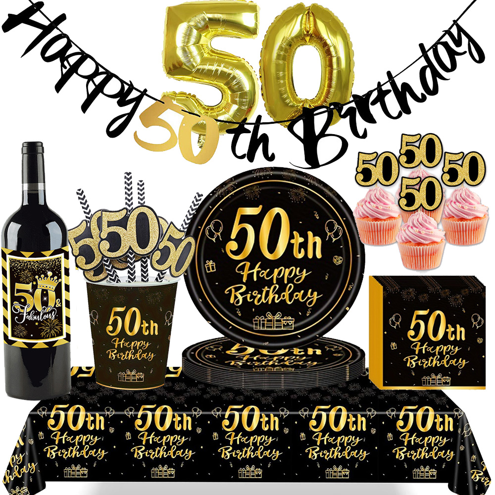50歳の誕生日パーティー用品 メンズ レディース ブラックとゴールド 50歳パーティー 紙皿 カップ ナプキン テーブルクロス テーブルウェア 装飾