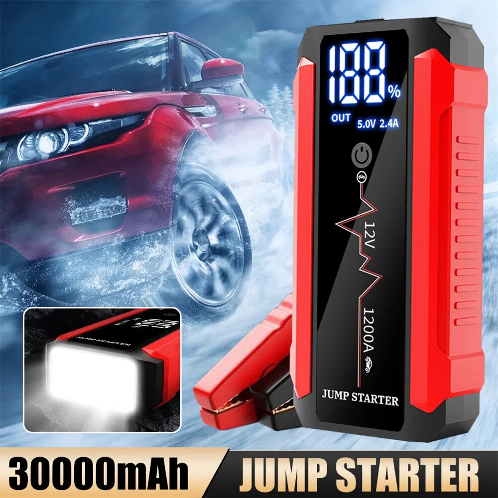 車のバッテリージャンプスターター 1200A パワーバンクポータブル USB 急速充電器 LED ランプ 12V 緊急ブースター付き