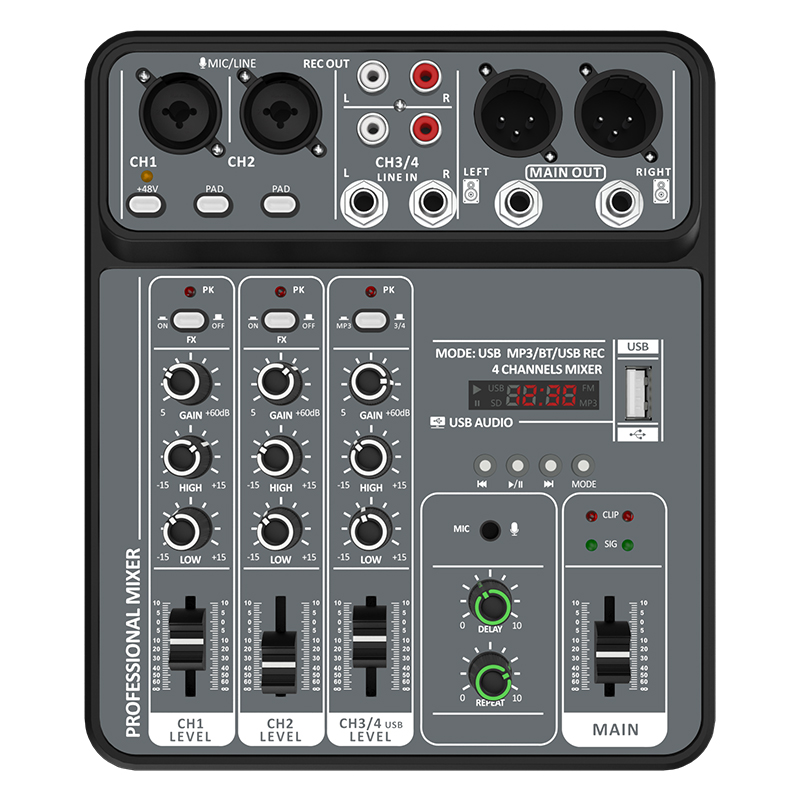 4 チャンネルオーディオミキサー 48V ファンタム電源 USB スタジオサウンドミキサー Bluetooth DJ コンソールミキシングカラオク