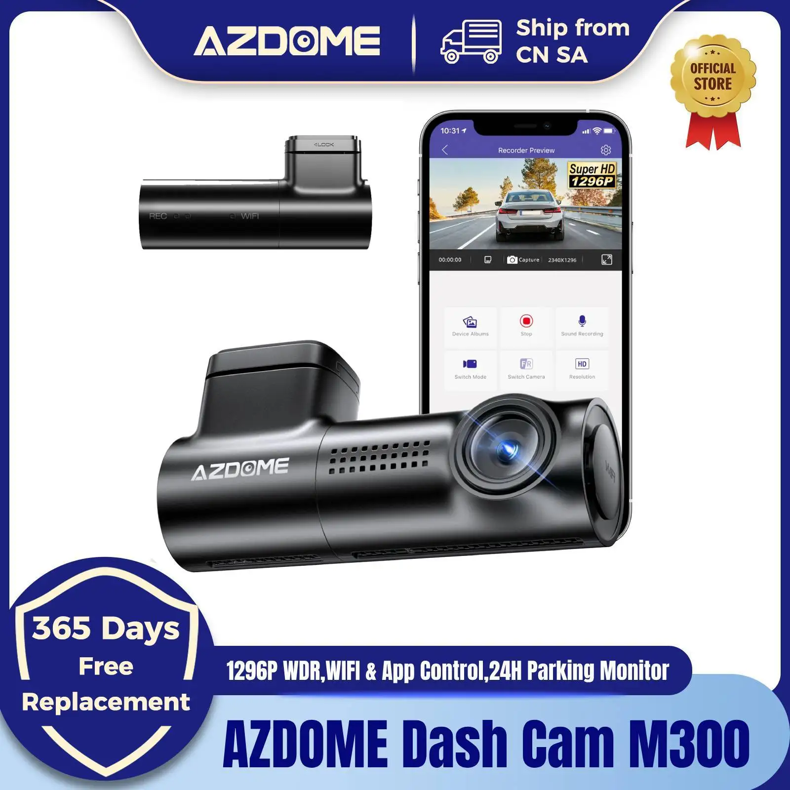 AZDOME M300 ダッシュカム 1296P WDR 車 DVR 150° FOV WiFi アプリ制御ダッシュカメラレコーダー英語音声制御 24 時間駐車モード