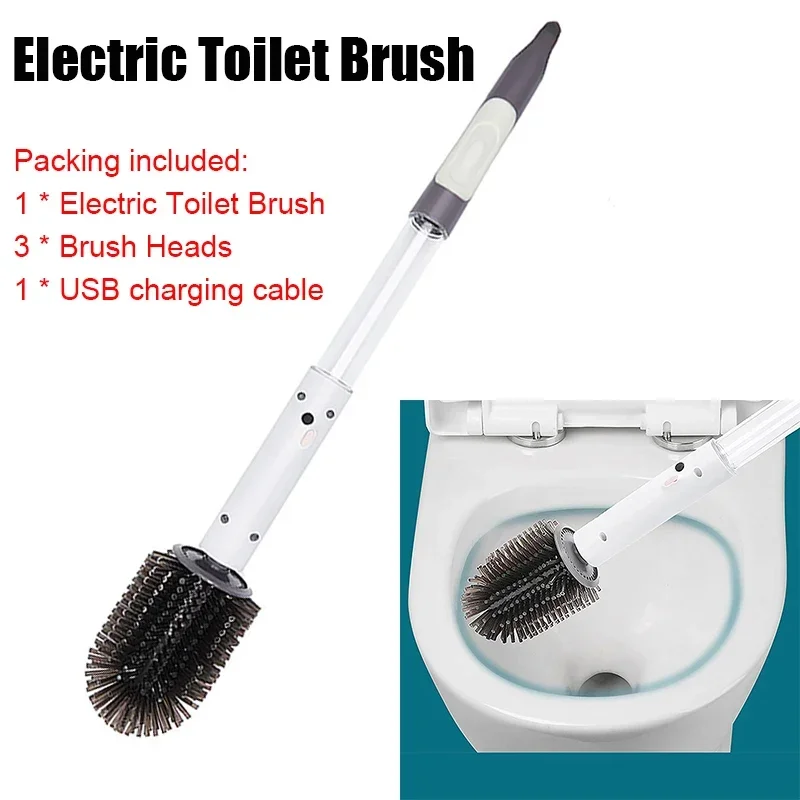 電動トイレブラシキットワイヤレスロングハンドル電動クリーニングブラシ家庭用浴室USB充電式白クリーニングツール