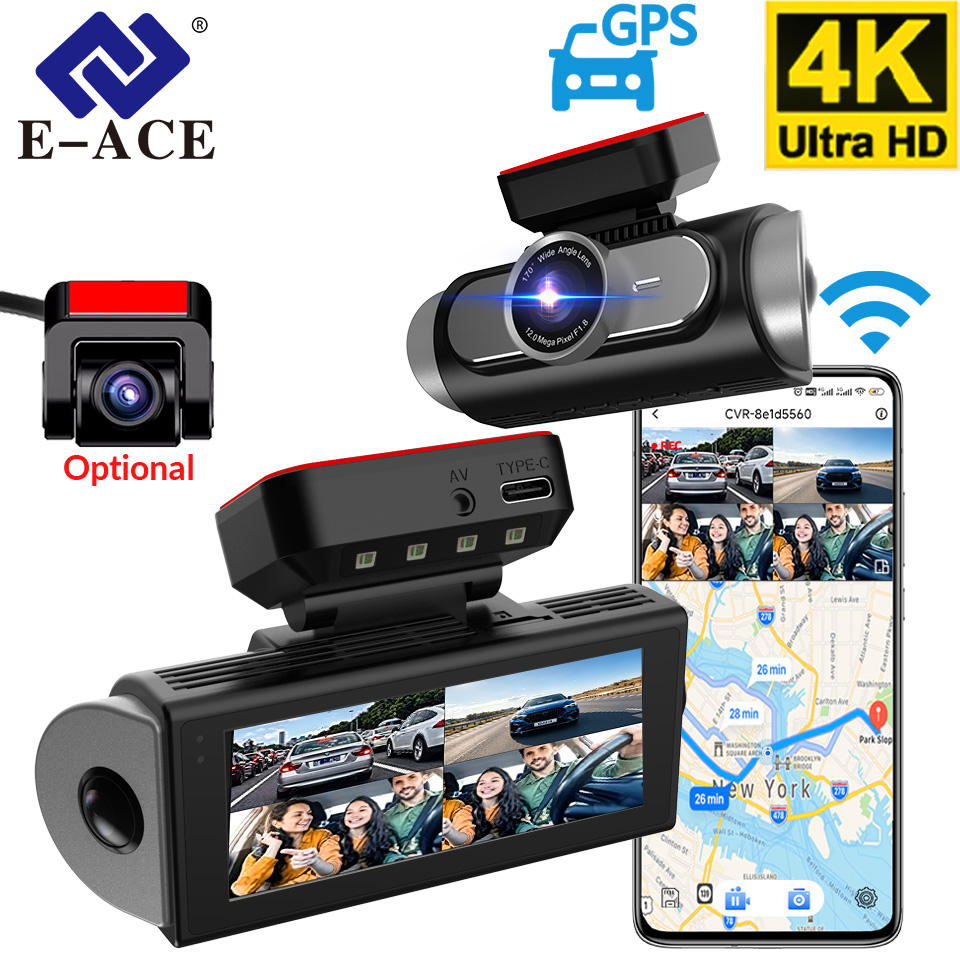 E-ACE 4K 360° 4 チャンネル ダッシュカム (5.8GHz WiFi 搭載)
