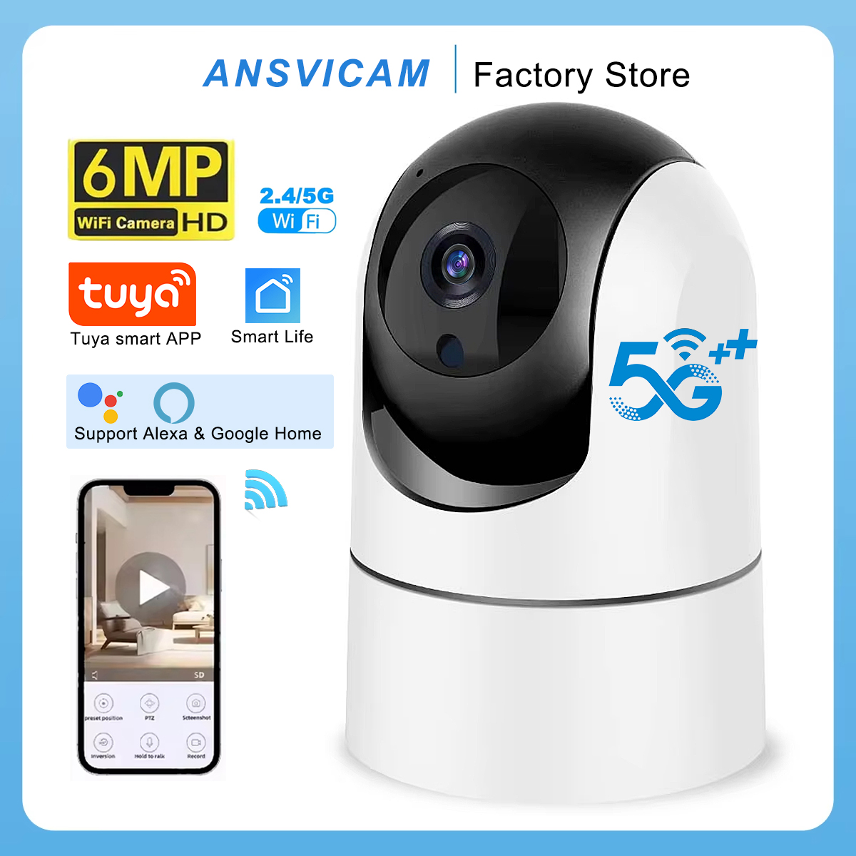 ANSVICAM Tuya 6MP HD 5G WiFi 屋内セキュリティカメラ 6倍ズーム ベビーモニター ナイトビジョン 自動動体検知 双方向音声カメラ