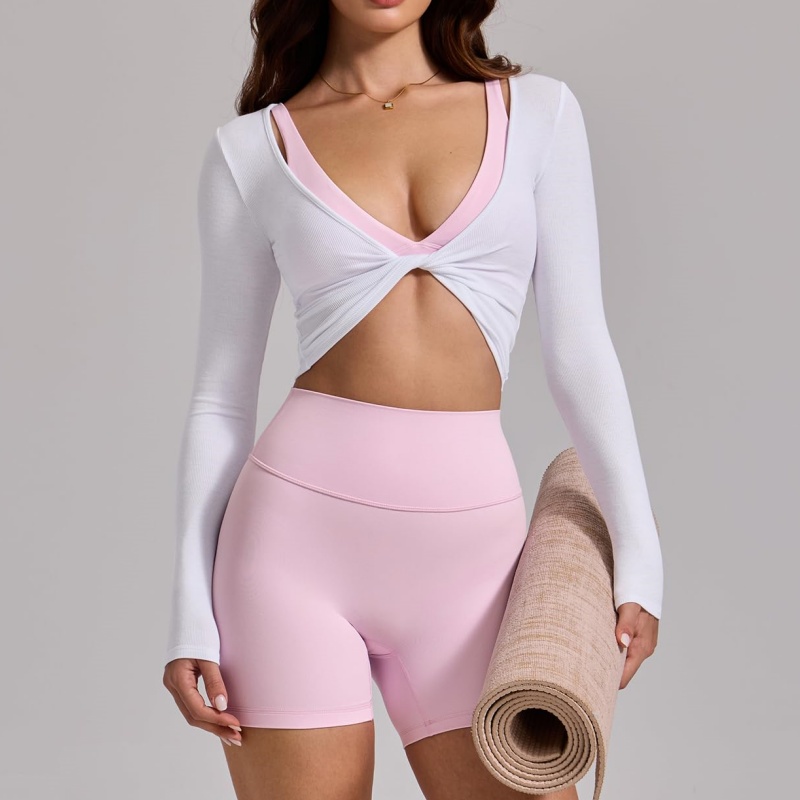 セクシーなツイストフロント長袖クロップトップ女性リブスリムヨガ服クイックドライジム長袖シャツランニングワークアウトスポーツウェア