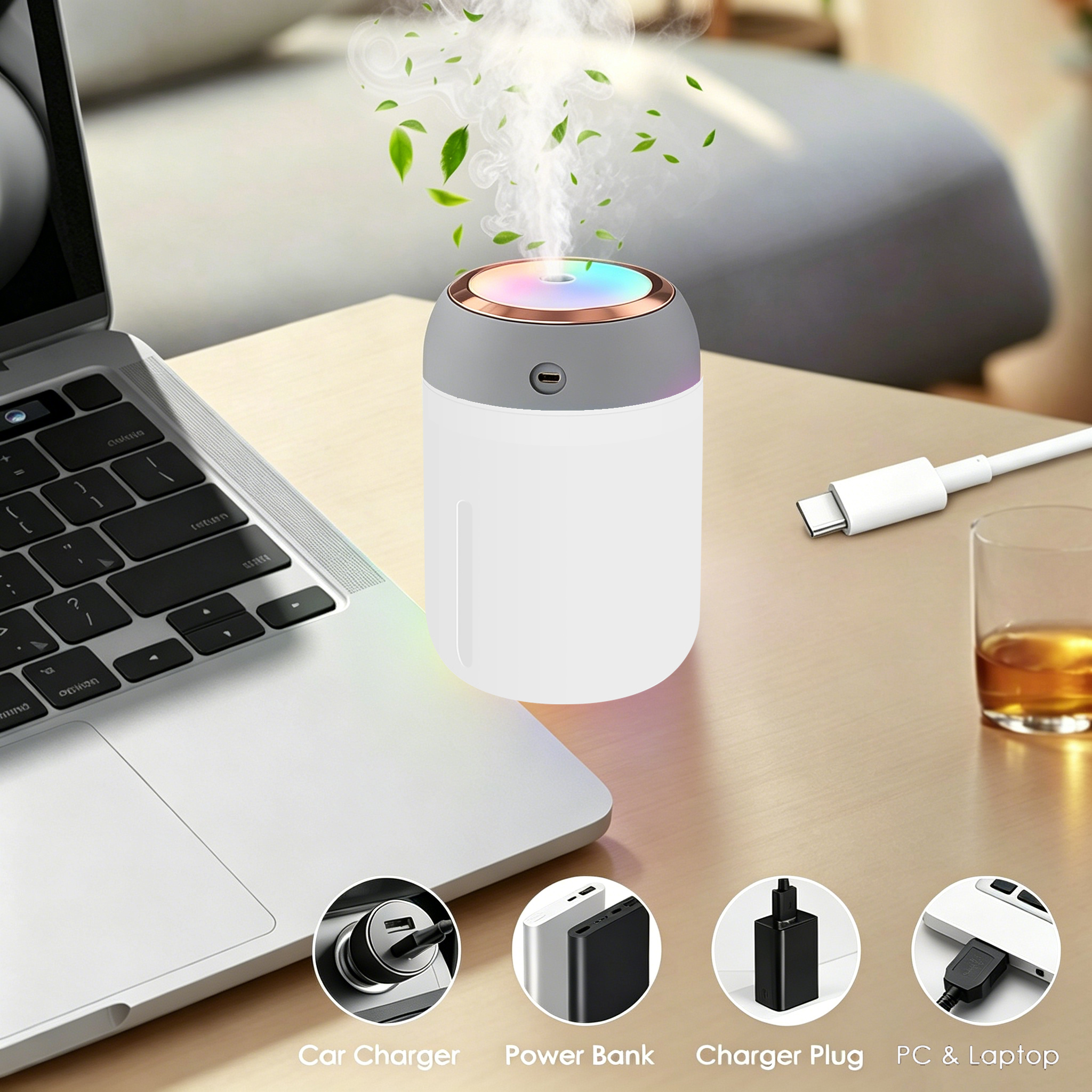 ポータブルデスク加湿器 USB ナノミストエアアトマイザー カラフルな LED ライト付きサイレントルーム加湿器 睡眠オフィス用