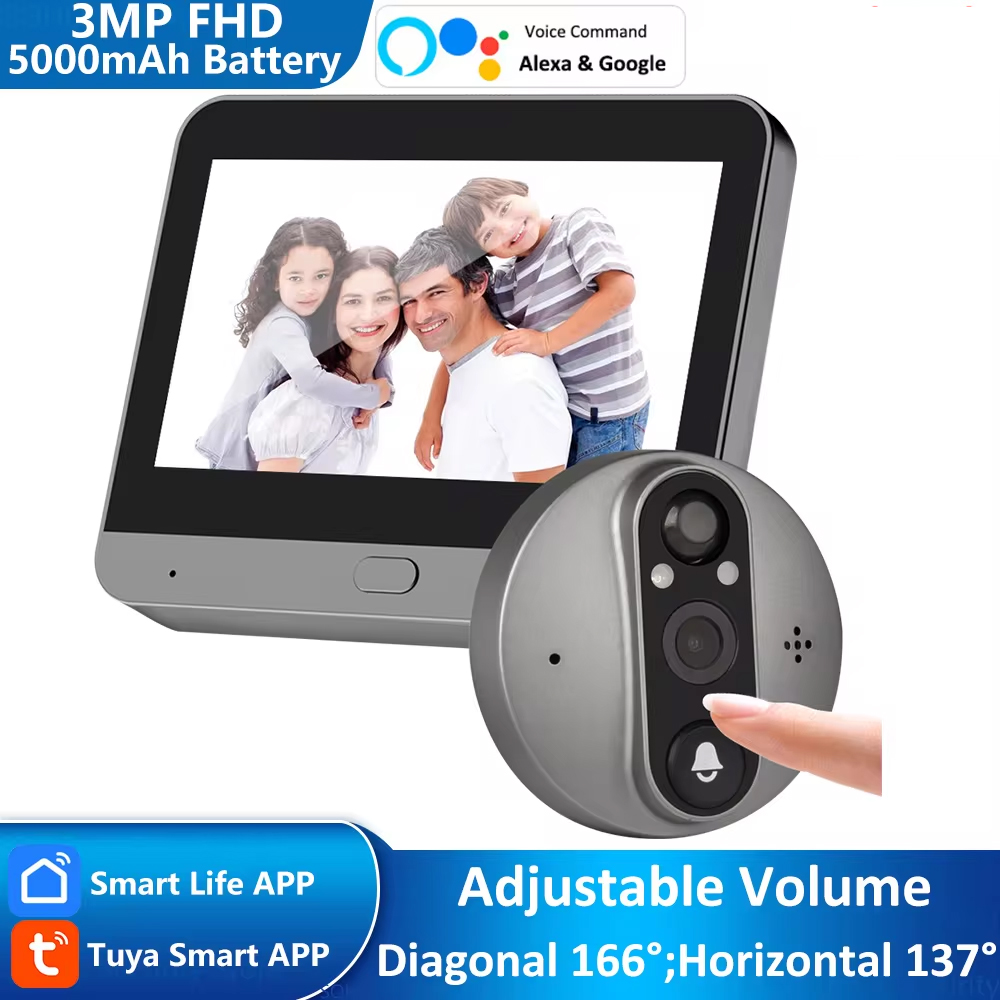 3MP Tuya スマートライフアプリホームバッテリー WiFi ビデオデジタルドアのぞき穴ビューア PIR IR ドアベルマジックアイ FHD カメラ Alexa Google