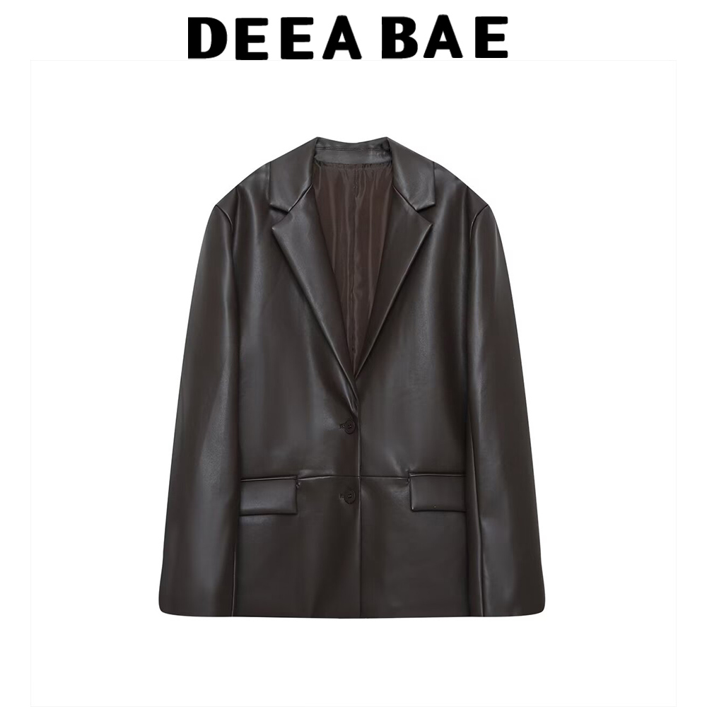 DEEABAE 秋の新婦人服フェイクレザーストレートチューブレザーエフェクトスーツジャケットブラウンレザースーツ