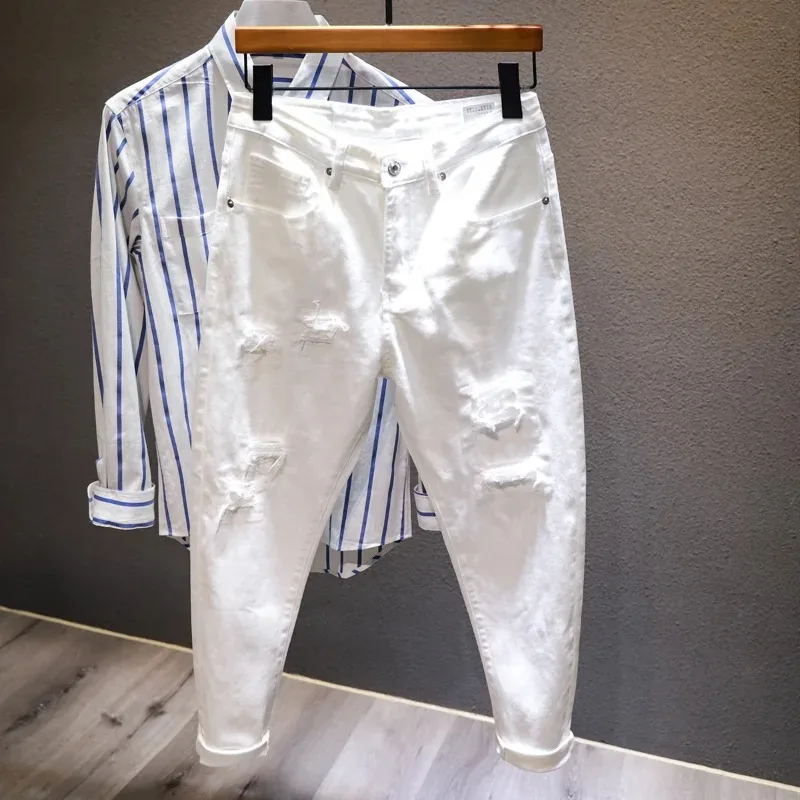 新しいリッピング穴ジーンズ男性白ファッションハーレム男性パンツオールマッチストレッチ快適なストリートデニムズボン