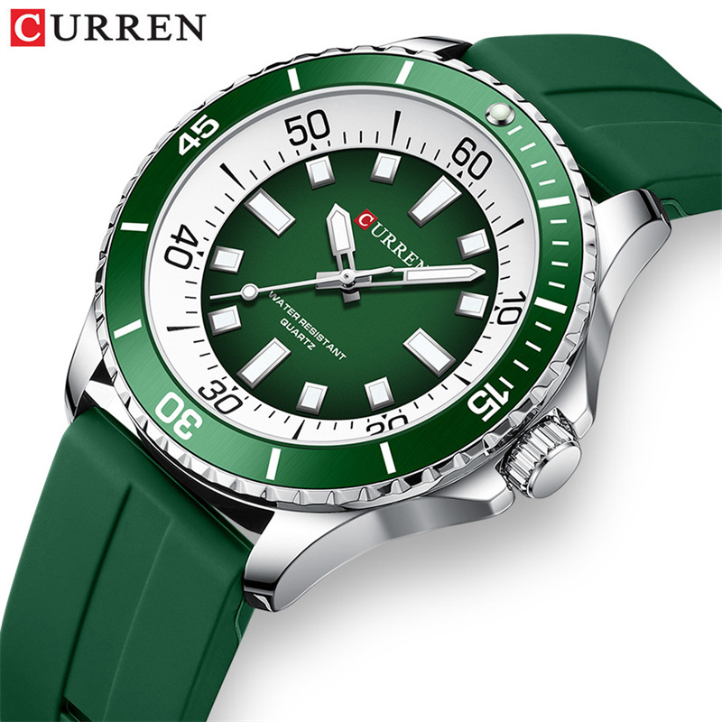 Curren 8448 ユニセックスクォーツ時計、屋外防水発光ラウンド腕時計、シリコンストラップ付き
