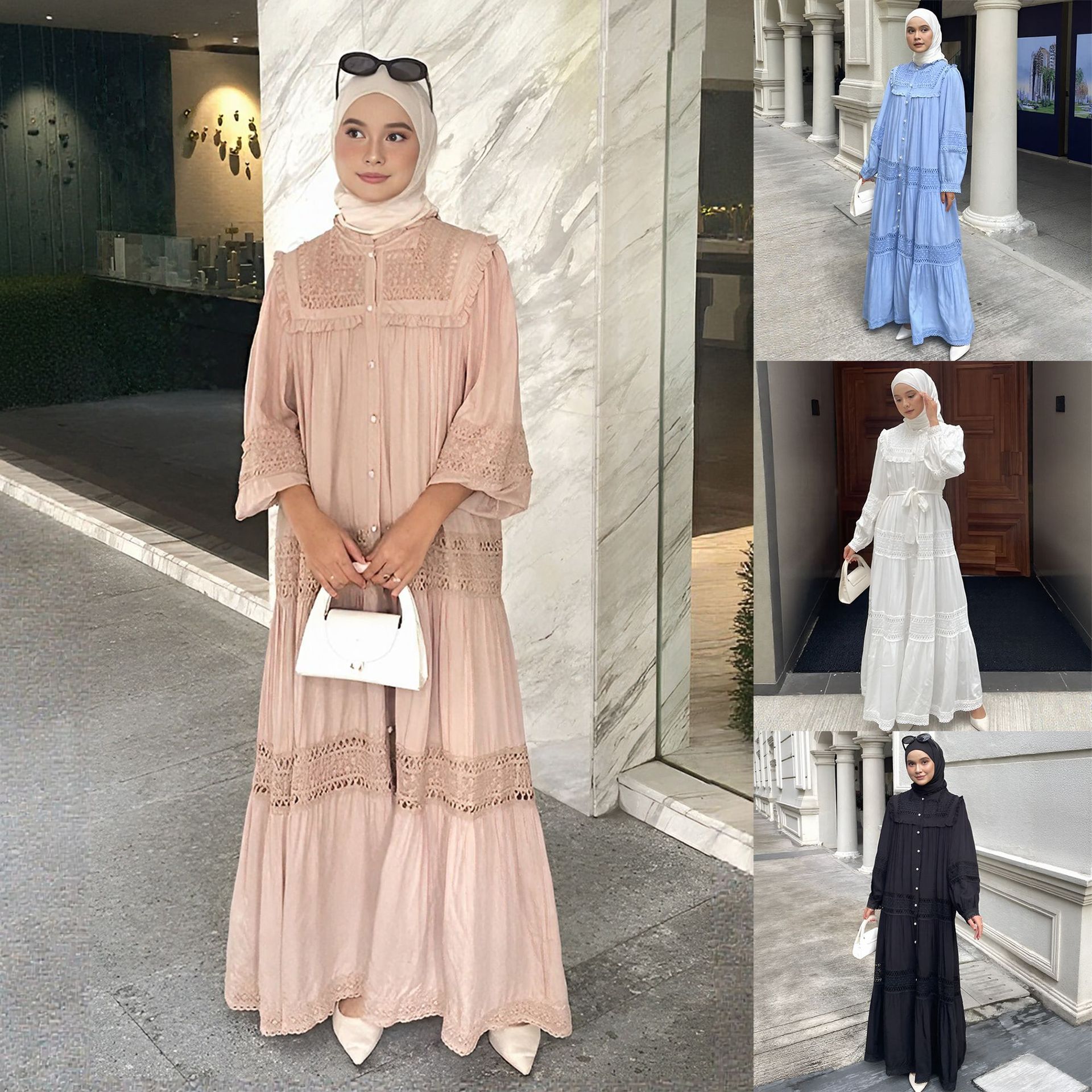 ロングドレスアバヤ女性イードドレス Jalabiya ベルト中空アウトシングルブレストラマダンモロッコドバイイスラム教徒カフタンイスラム Vestidos