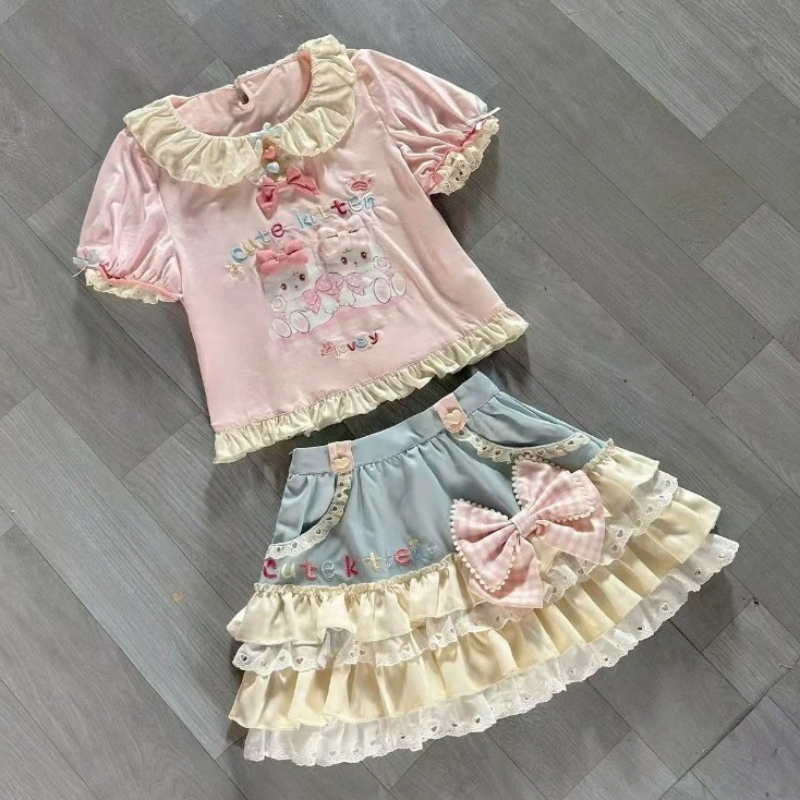 日本のかわいいロリータスタイルスカートセット女性甘い弓猫プリント Tシャツかわいいケーキミニスカート Y2k 原宿 2 ピースセット新