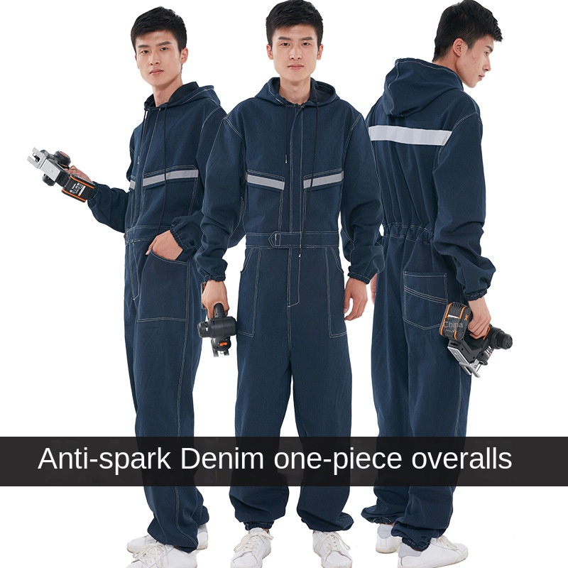 ワンピース作業服溶接機スプレー塗装デニムスーツ作業服反射ストリップ長袖労働保護服