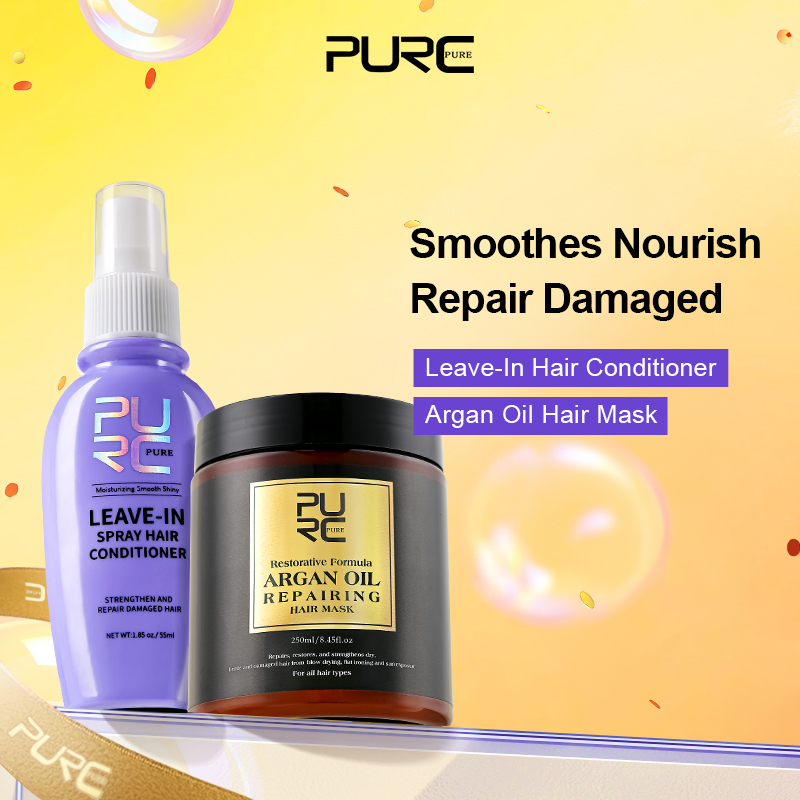 PURC 250g Morocco Argan Oil Hair Treatment Mask + 55ml Leave-In Hair Conditioner Spray for Dry Damaged Frizz Hair