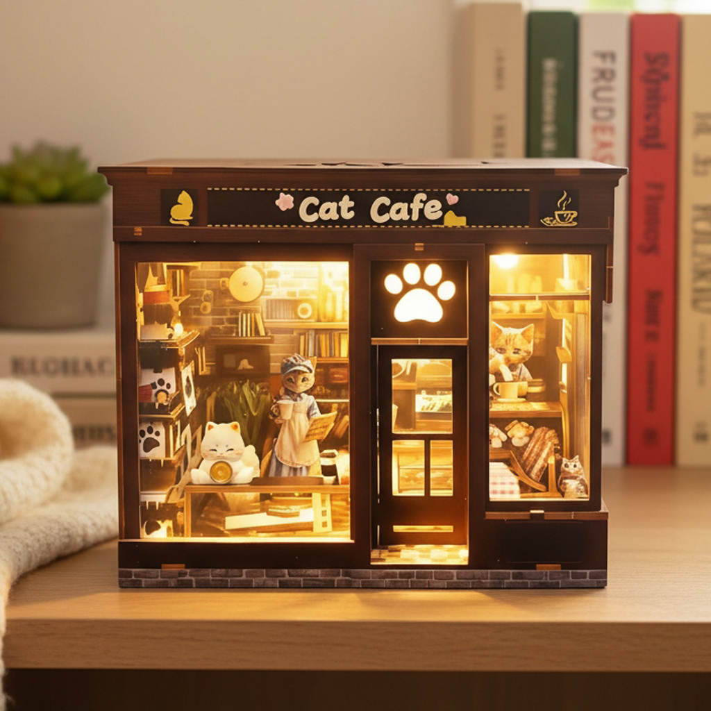OUZEY 猫ブックヌークコーヒー子供知育玩具ミニチュア家を組み立てる木材 DIY モデルキット 3D パズルギフト