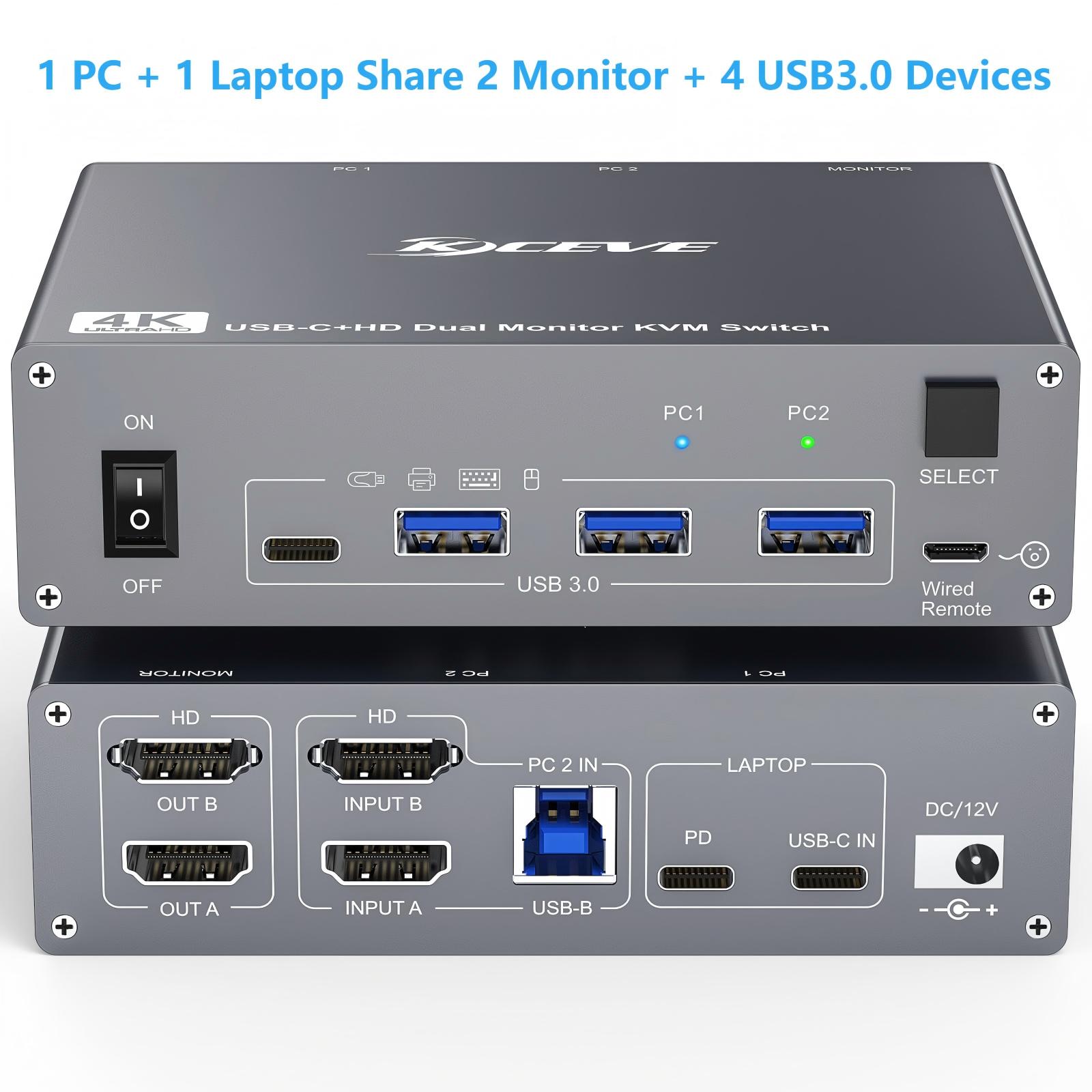USB C KVMスイッチ 4K/1080P@60Hz、USB C HDMIデュアルモニターKVMスイッチ、PC/ラップトップ共有用 モニター2台とUSB3.0デバイス4台、100W PD
