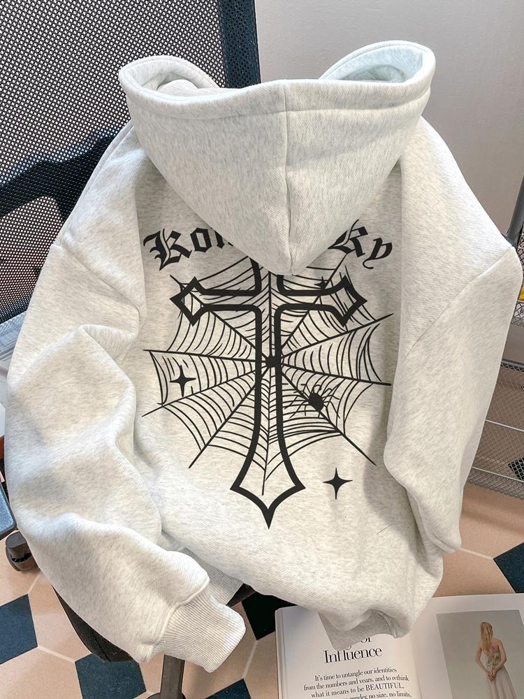 ヨーロッパ系アメリカ人ハイストリートスパイダークロス秋冬フリース暖かいフード付きスウェットシャツカジュアル成人男性多用途ソフト日常使用