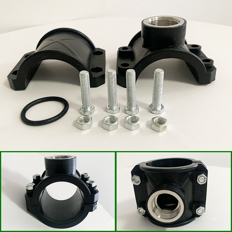 HDPE パイプコネクタ PE サドルクランプ ステンレス鋼糸 25-110 ミリメートルクイック修理継手水道管 1/2 '' 3/4 '' 1 '' サイズ