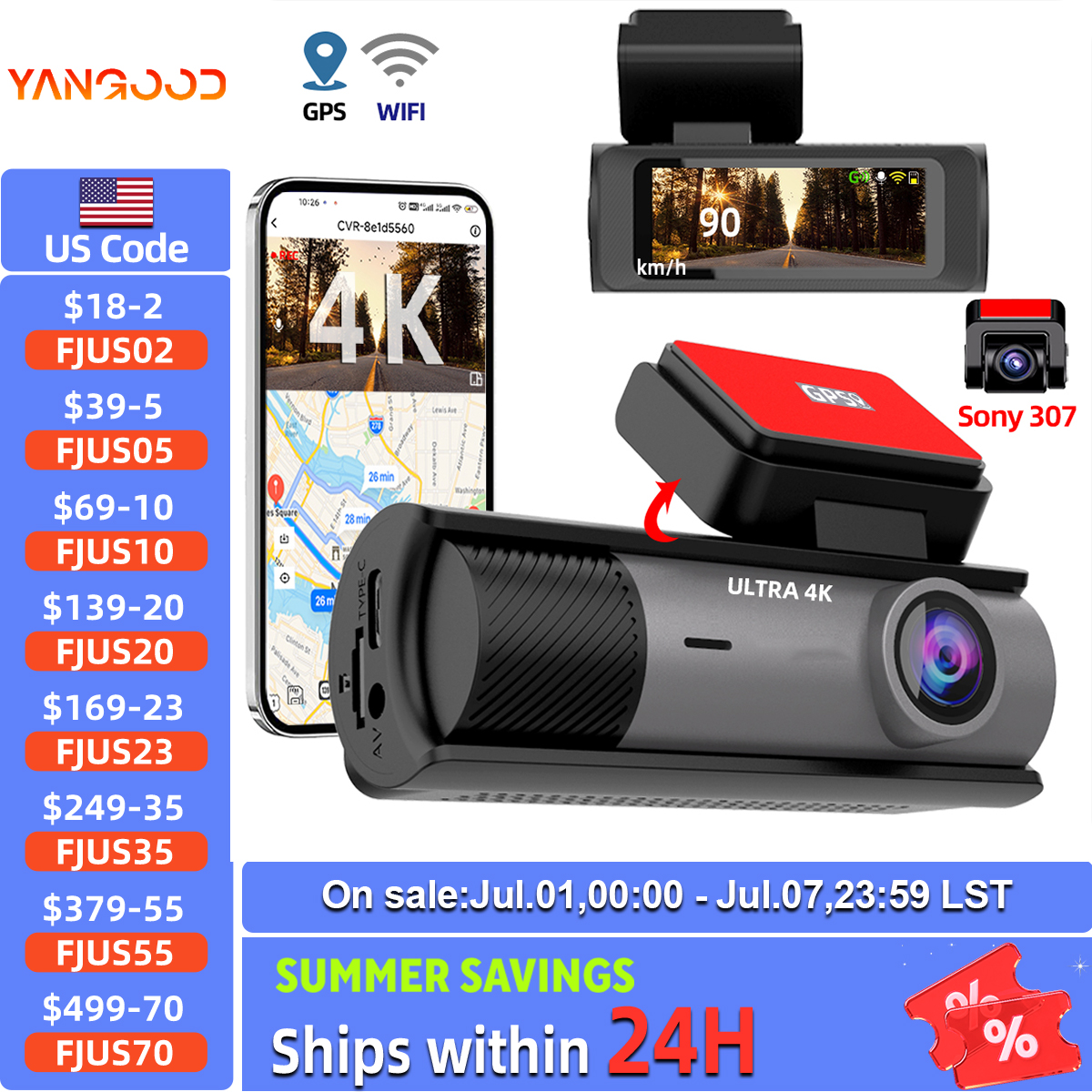 Yangood 4K ダッシュカム 内蔵 GPS WiFi カー DVR サポート 1080P リアカメラ ナイトビジョン WDR 24H パーキングモニター 自動ブラックボックス
