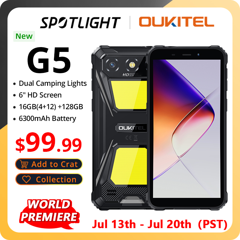 【世界初】Oukitel G5 頑丈なスマートフォン デュアル キャンプ ライト 16GB(4 12) 128GB 6300mAh 5MP 13MP 6 インチ HD 携帯電話