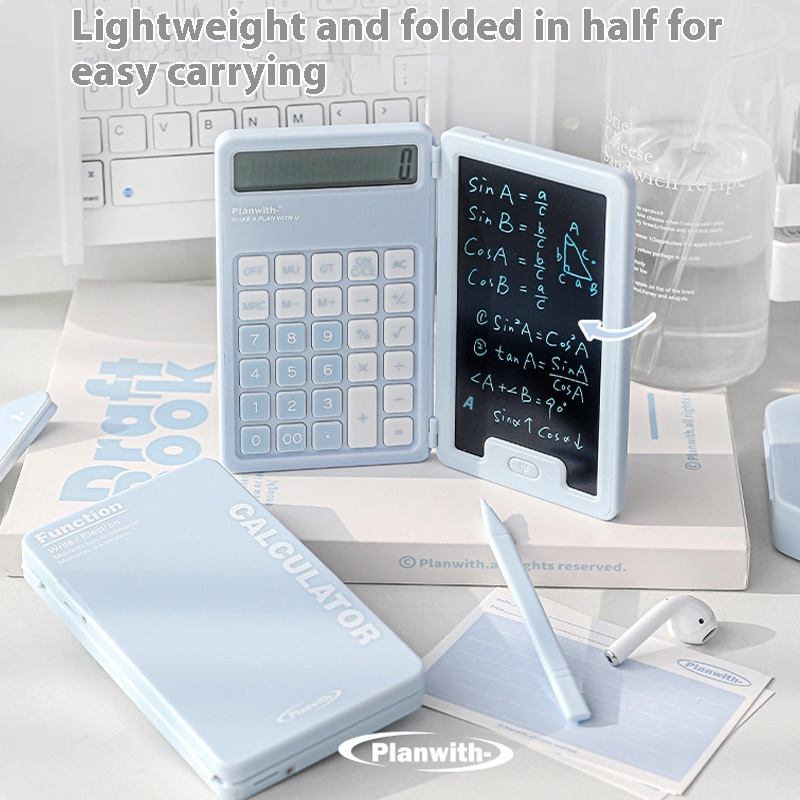 Planwith 2 in 1 手書き電卓折りたたみ式 12 桁大型ボタンポータブルオフィスと学習文具電子ペン付き