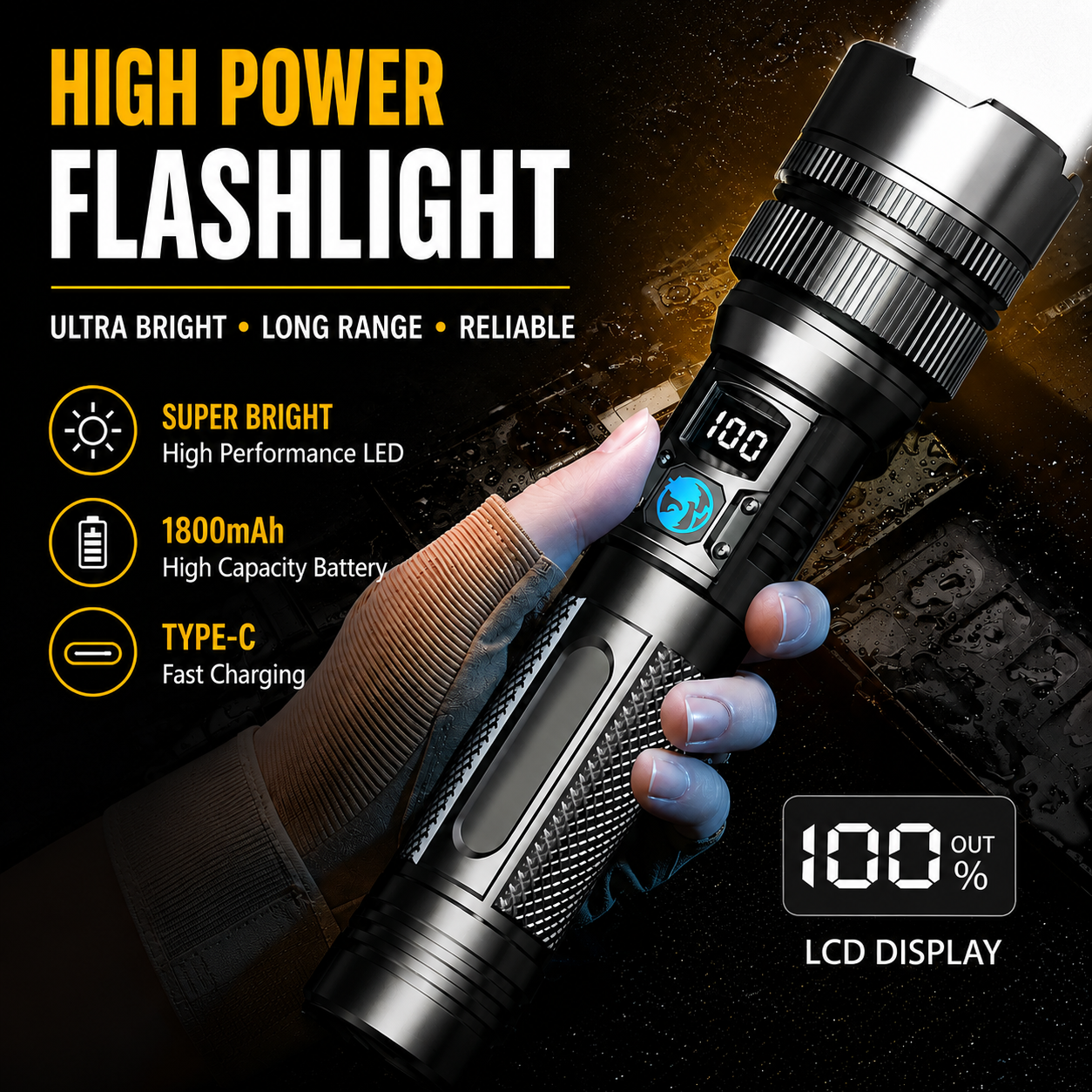 超高輝度 LED 懐中電灯充電式ズーム可能なデジタルディスプレイ戦術的なライト防水キャンプ屋外ハンドヘルドスポットライト