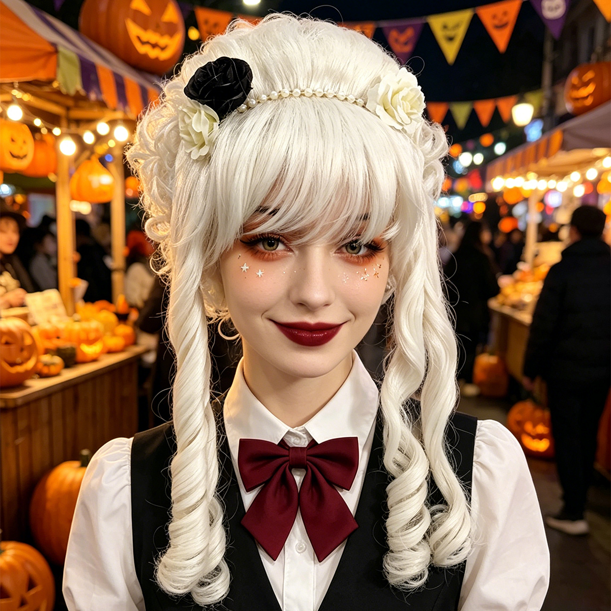 ホワイトビクトリア朝の蜂の巣カーリー合成かつら前髪花の装飾女性ゴシックロリータハロウィンコスプレ衣装かつら