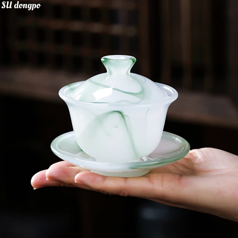 エメラルドグリーンの翡翠磁器 Gaiwan-Chufang 小さな茶チュリーン 100 ミリリットル Sancai カバーボウル色ガラスティーカップ 1 人用
