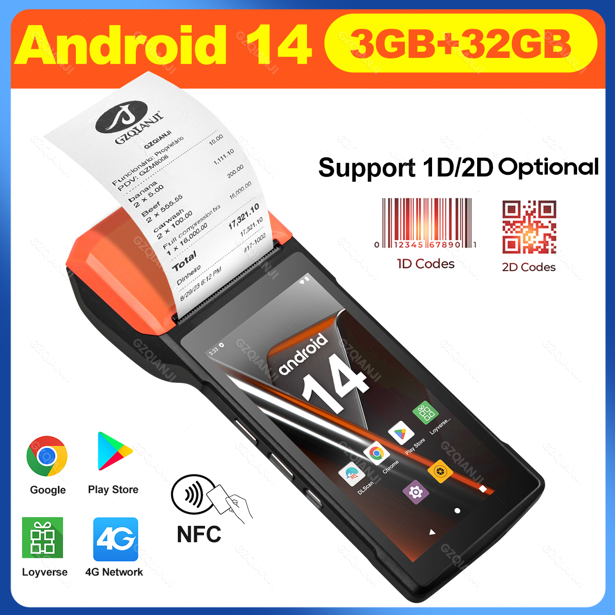 4G Android 14 アップグレード POS ターミナル、NFC ハンドヘルドサーマル 58mm POS プリンター 1D 2D バーコードスキャナーオールインワン ビジネス用
