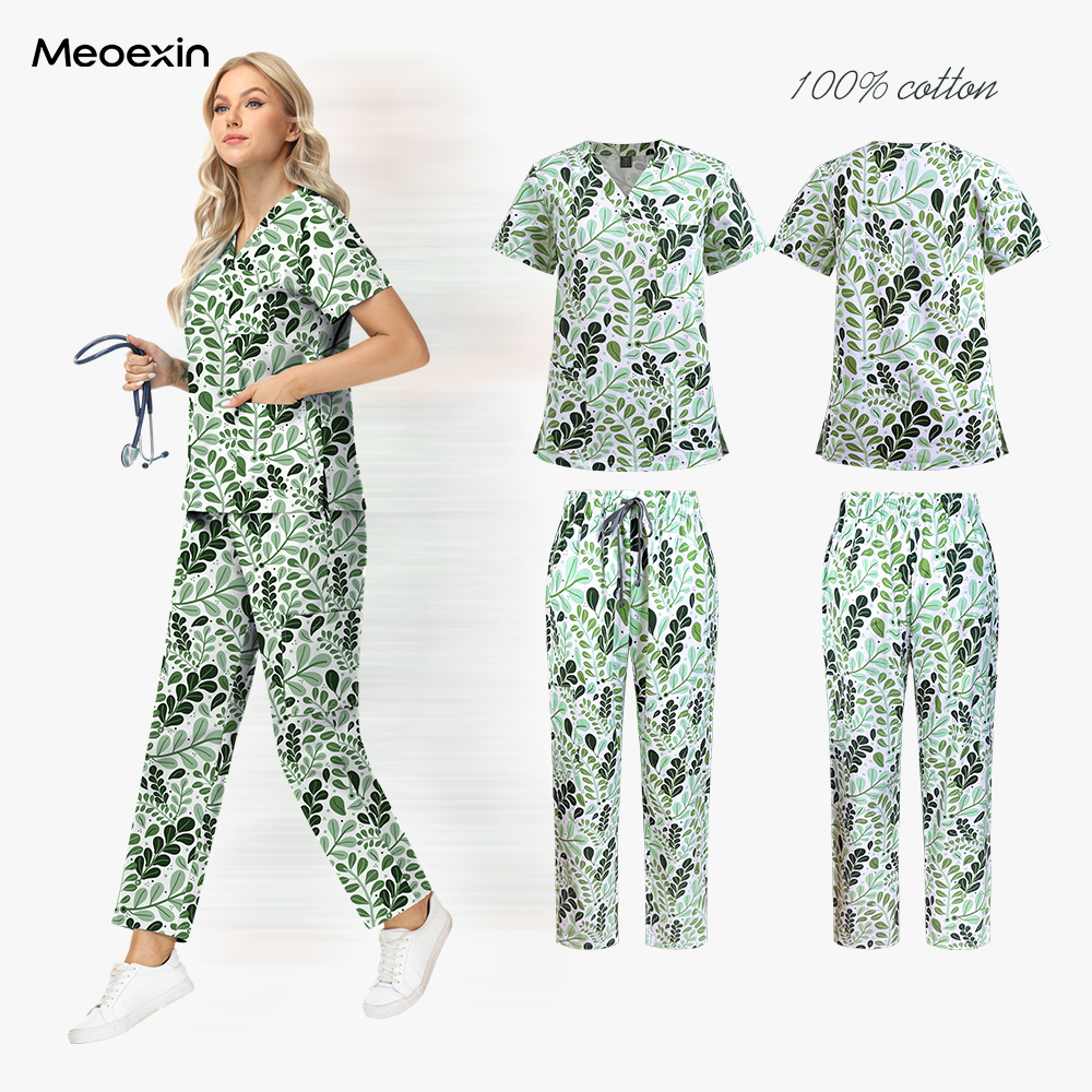 スクラブ制服女性綿プリントスクラブヘルスケアスクラブ女性ファッションポケット付き半袖ナース制服トップスパンツセット