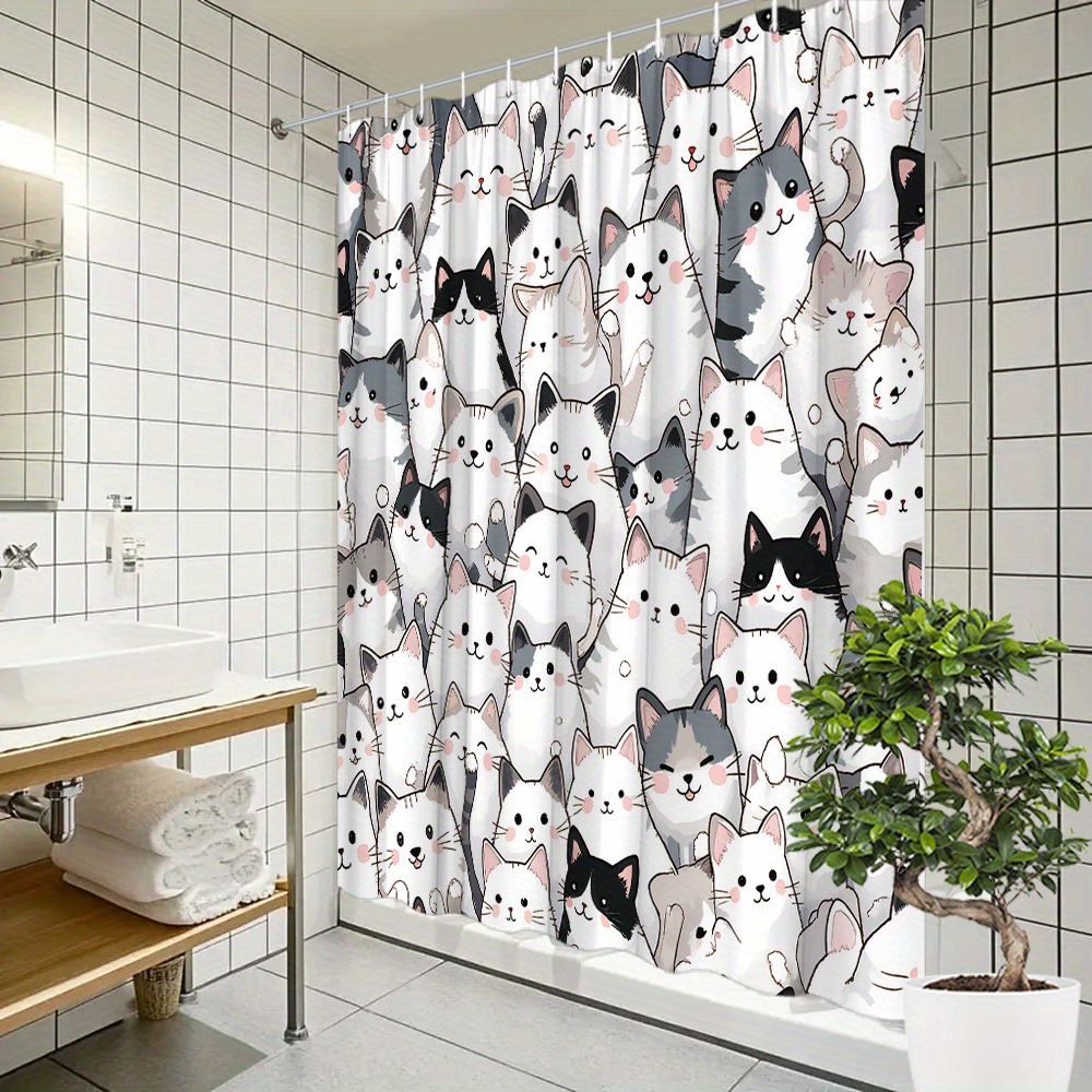 漫画グレー白子猫群衆プリントシャワーカーテン防水防カビポリエステル生地と無料プラスチックフック簡単 R