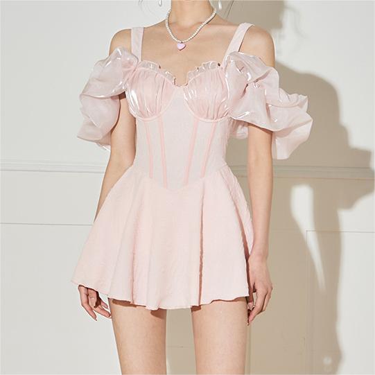セクシーなプッシュアップオフショルダー水着ワンピース無地フリルレイヤーミニドレスキュロットビキニパッド入り水着タンキニbiquini