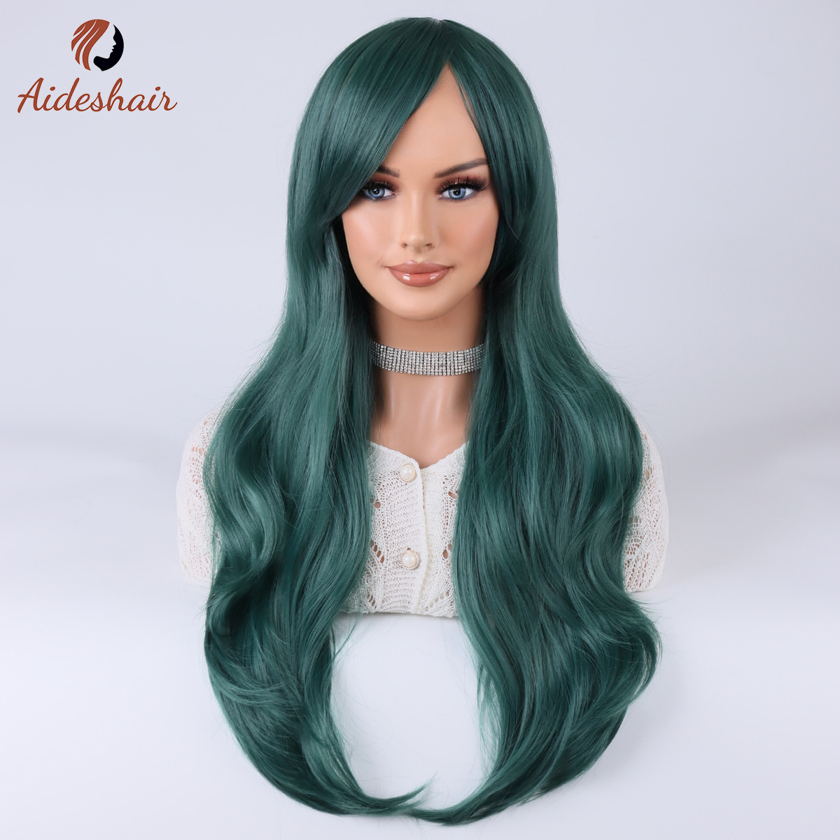 Aideshair ダークグリーン中央部斜め前髪ロングカーリーウィッグ女性のための耐熱繊維合成かつら毎日コスプレパーティー
