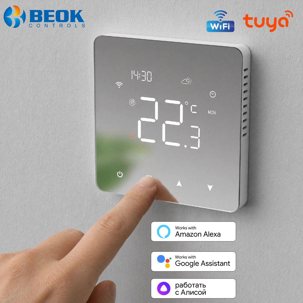 Beok スマートホーム Wifi サーモスタット 床暖房用 ガスボイラー Tuya ミラー温度調節器 プログラム可能 Google Home/Alexa