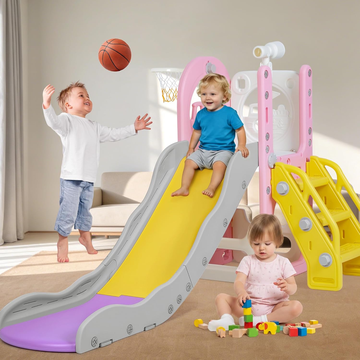 6in1 幼児プレイセット 幼児スライドとクライマープレイセット キッズスライド バスケットボールフープ、望遠鏡付き