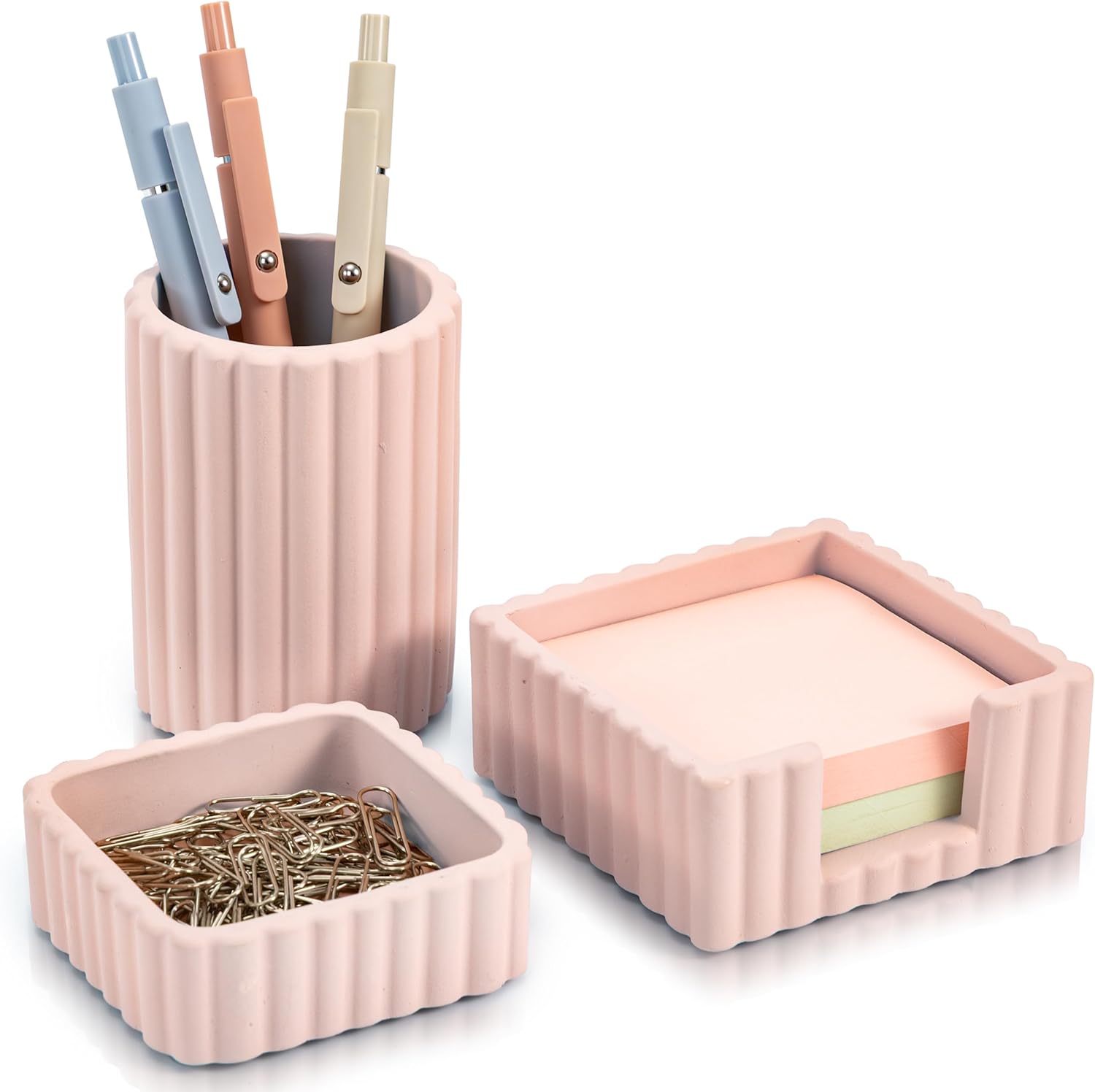 Modern Aesthetic Desk Accessories Set of 3  Stylish Pink Concrete Organizers for Pens Office Supplies