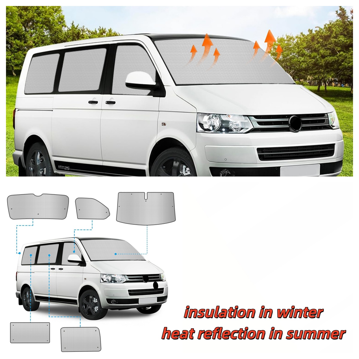 8PC サンシェード車のフロントガラス肥厚冬 VW T5 T6 SWB 保温太陽フロントガラス保護内部熱ブラインド窓