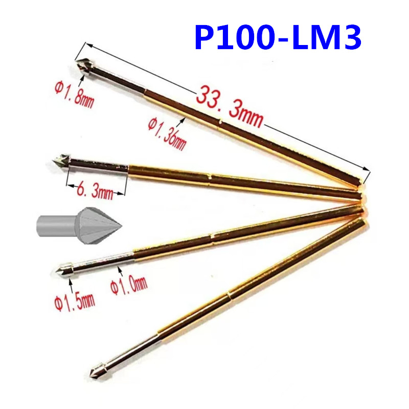 100個/パックP100-LM3クラウンヘッド1.8mmスプリングテストプローブ、全長33.35mm、回路基板検査用